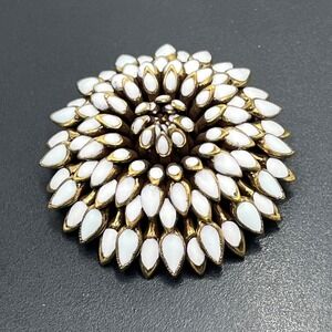 Vintage White Milk Glass Petals Starburst Stacked Domed Marquise Flower Brooch